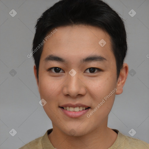 Joyful asian young-adult male with short  brown hair and brown eyes