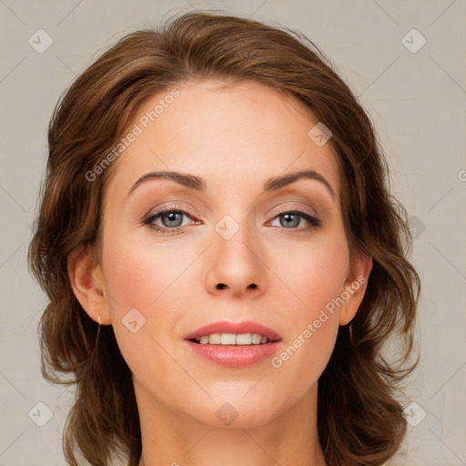 Joyful white young-adult female with medium  brown hair and blue eyes