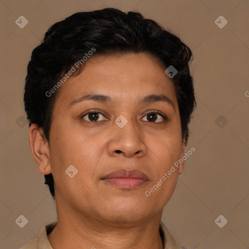 Neutral latino young-adult female with short  brown hair and brown eyes