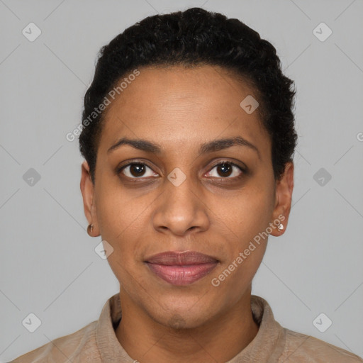 Joyful latino young-adult female with short  black hair and brown eyes