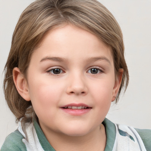 Joyful white child female with medium  brown hair and grey eyes