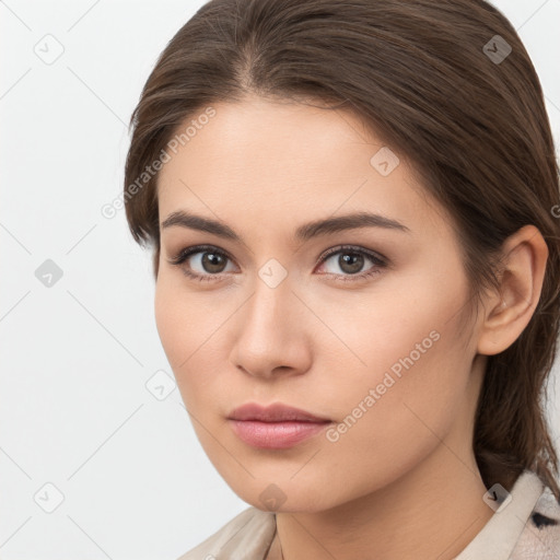 Neutral white young-adult female with medium  brown hair and brown eyes