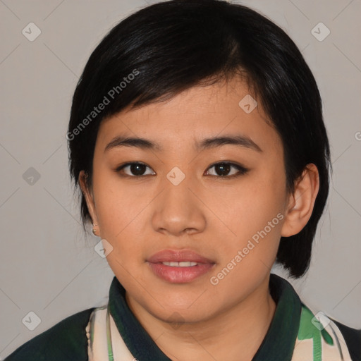 Joyful asian young-adult female with medium  black hair and brown eyes
