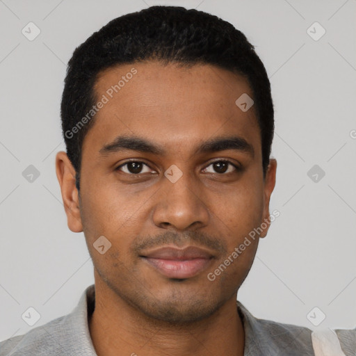 Neutral black young-adult male with short  black hair and brown eyes