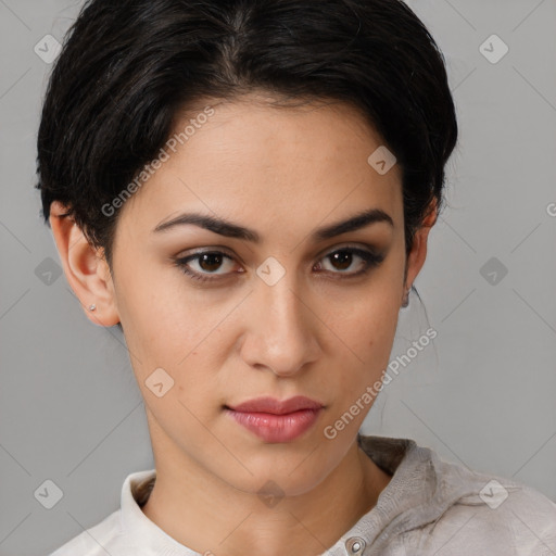 Neutral white young-adult female with short  brown hair and brown eyes