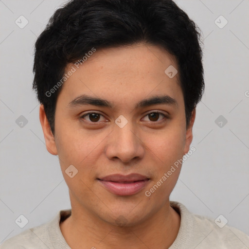 Joyful asian young-adult male with short  black hair and brown eyes