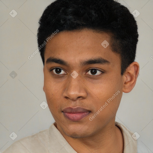 Neutral latino young-adult male with short  black hair and brown eyes