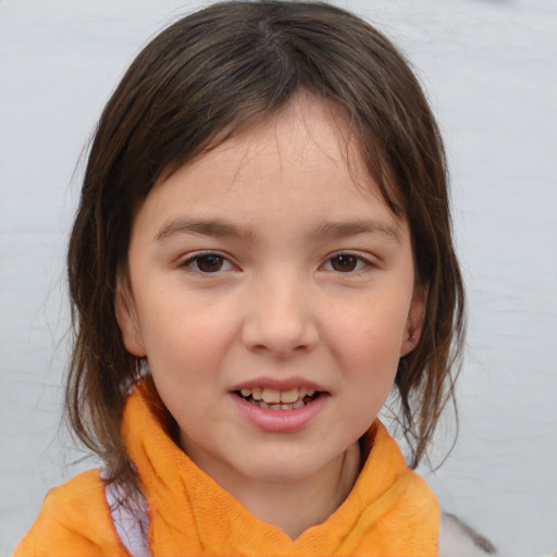 Joyful white child female with medium  brown hair and brown eyes