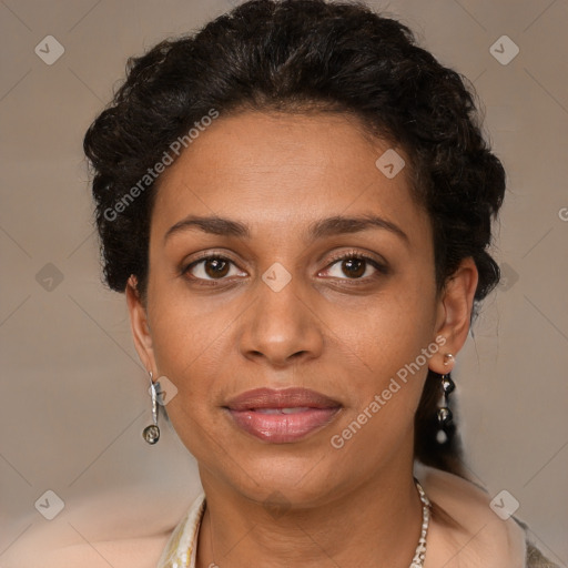 Joyful latino young-adult female with short  brown hair and brown eyes