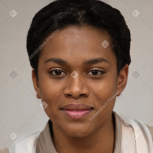 Joyful latino young-adult female with short  black hair and brown eyes