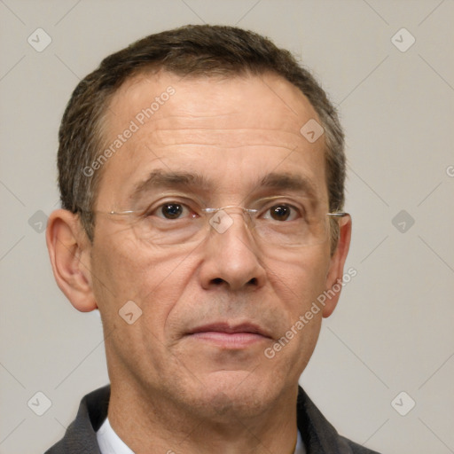 Neutral white middle-aged male with short  brown hair and brown eyes