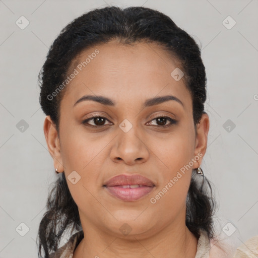 Joyful latino young-adult female with medium  brown hair and brown eyes