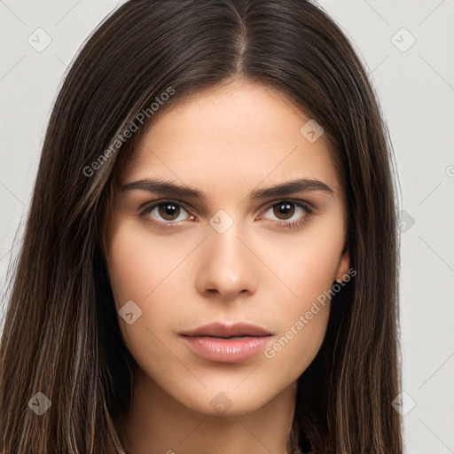 Neutral white young-adult female with long  brown hair and brown eyes