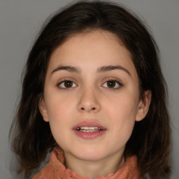 Neutral white young-adult female with medium  brown hair and brown eyes