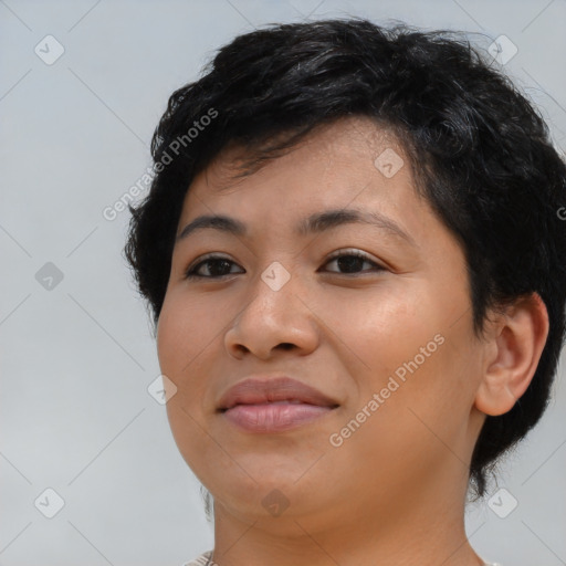 Joyful latino young-adult female with short  brown hair and brown eyes