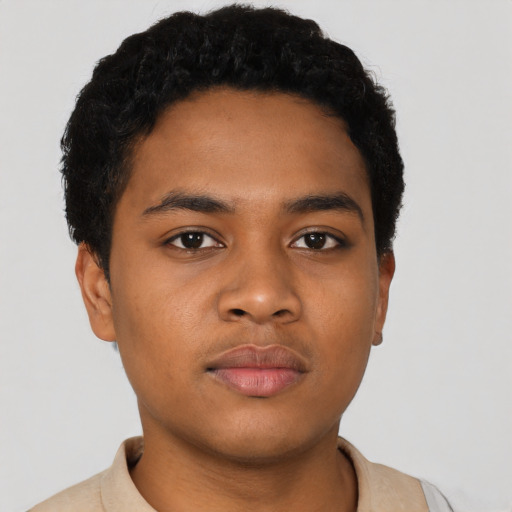 Neutral black young-adult male with short  black hair and brown eyes
