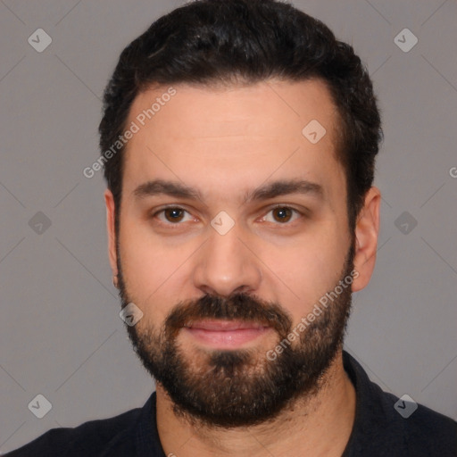 Neutral white young-adult male with short  black hair and brown eyes