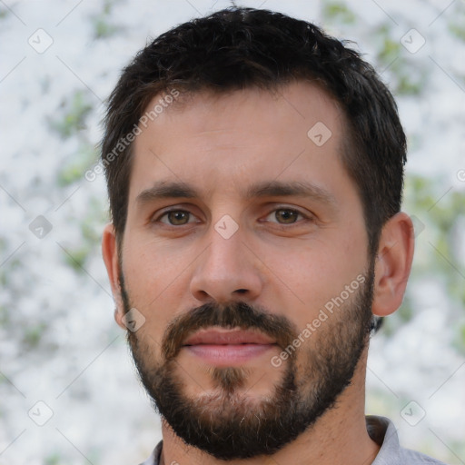 Neutral white young-adult male with short  brown hair and brown eyes