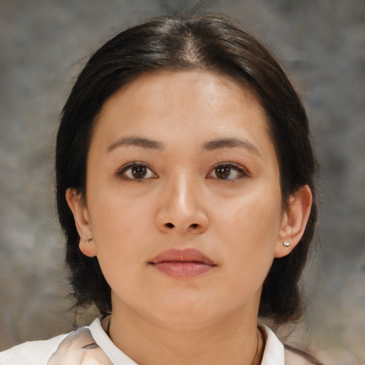 Neutral asian young-adult female with medium  brown hair and brown eyes