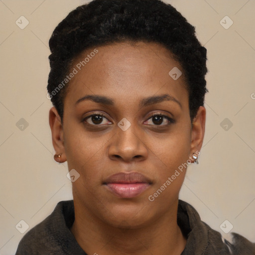 Joyful black young-adult female with short  black hair and brown eyes