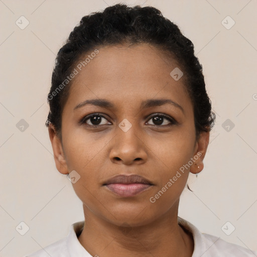 Neutral black young-adult female with short  black hair and brown eyes