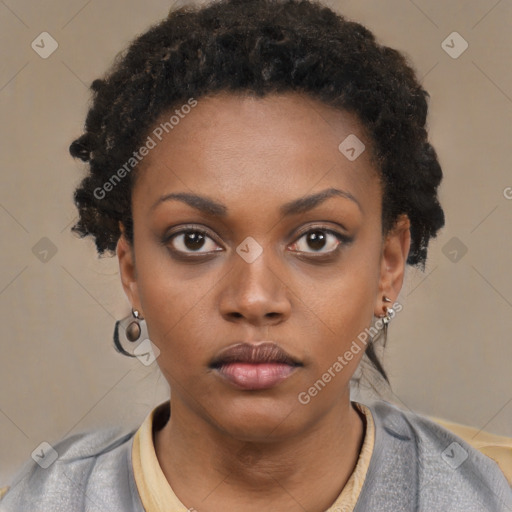 Neutral black young-adult female with short  black hair and brown eyes