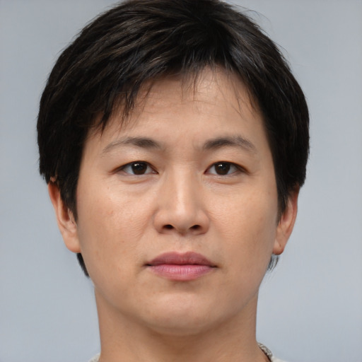 Joyful asian young-adult male with short  brown hair and brown eyes