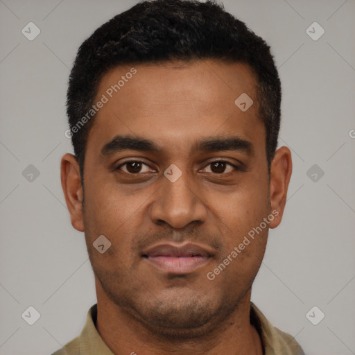 Neutral black young-adult male with short  black hair and brown eyes