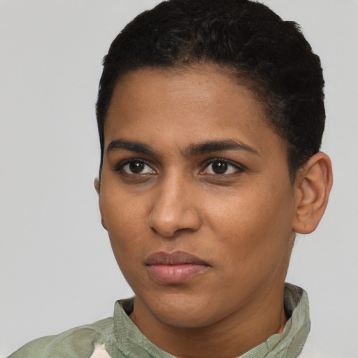 Neutral black young-adult female with short  black hair and brown eyes