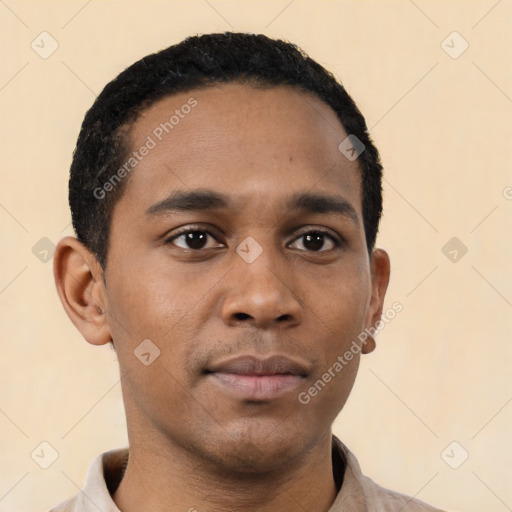 Neutral black young-adult male with short  black hair and brown eyes