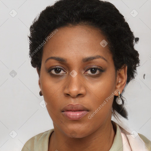 Neutral black young-adult female with short  black hair and brown eyes