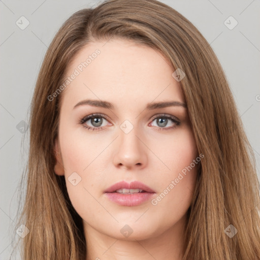 Neutral white young-adult female with long  brown hair and brown eyes