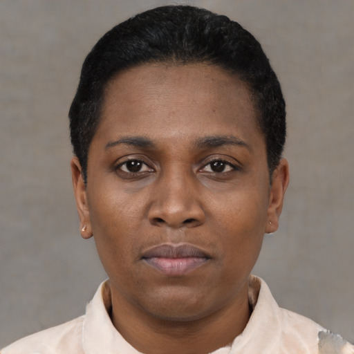 Neutral black young-adult female with short  black hair and brown eyes