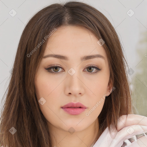 Neutral white young-adult female with long  brown hair and brown eyes