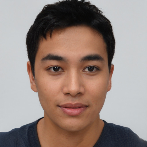 Neutral asian young-adult male with short  black hair and brown eyes