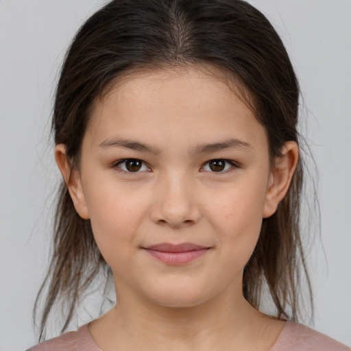 Joyful white child female with medium  brown hair and brown eyes