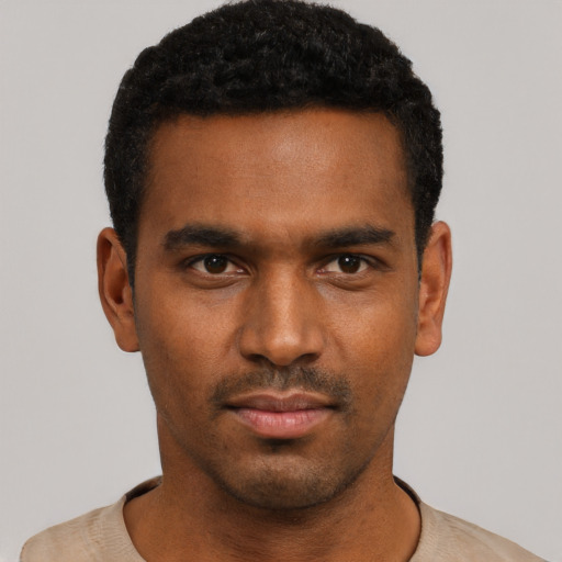 Neutral black young-adult male with short  black hair and brown eyes
