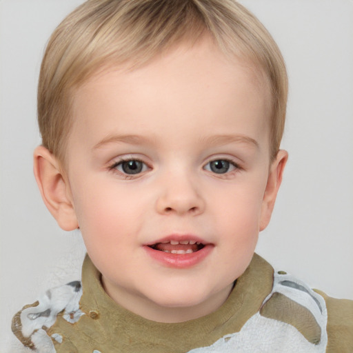 Joyful white child female with short  brown hair and grey eyes