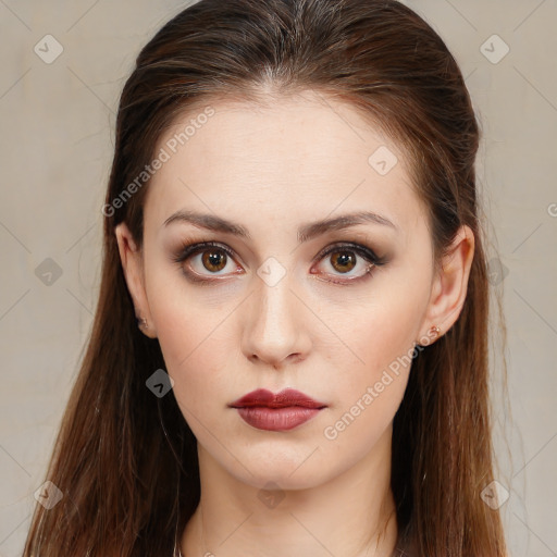 Neutral white young-adult female with long  brown hair and brown eyes