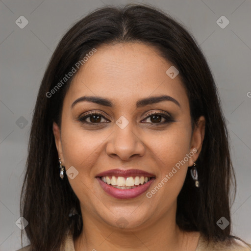 Joyful latino young-adult female with long  brown hair and brown eyes