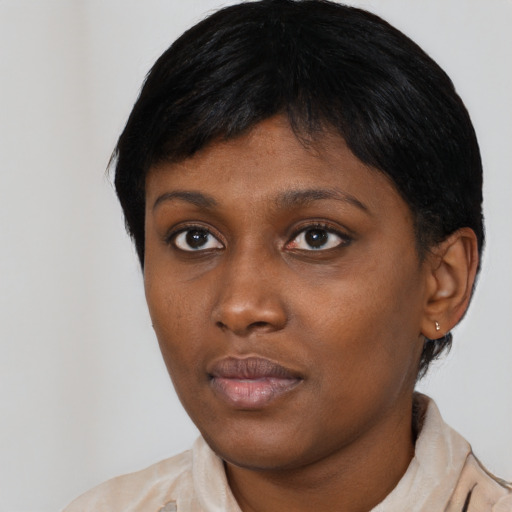 Neutral asian young-adult female with short  black hair and brown eyes