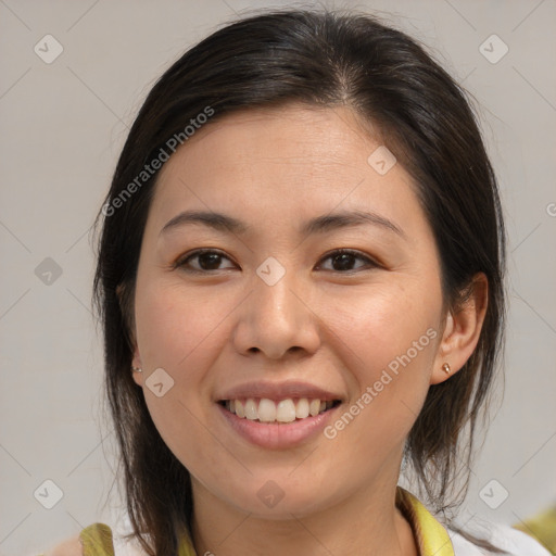 Joyful white young-adult female with medium  brown hair and brown eyes