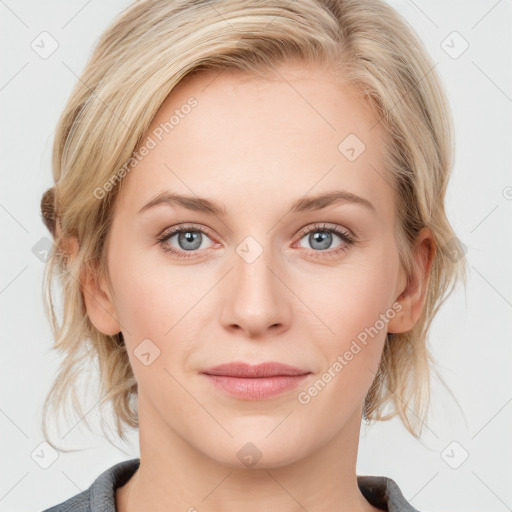 Joyful white young-adult female with medium  brown hair and blue eyes