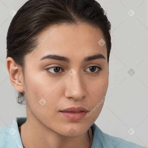 Neutral white young-adult female with short  brown hair and brown eyes