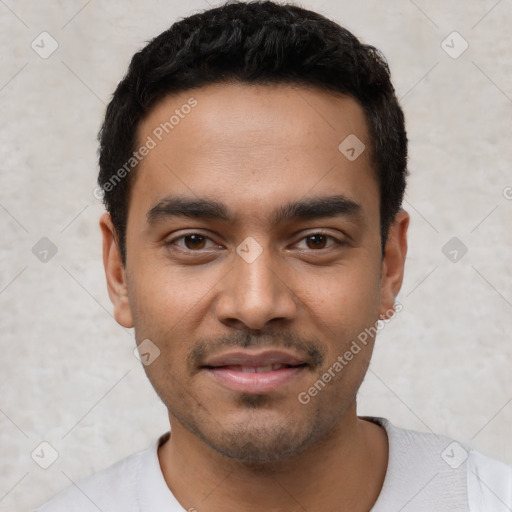 Neutral latino young-adult male with short  black hair and brown eyes