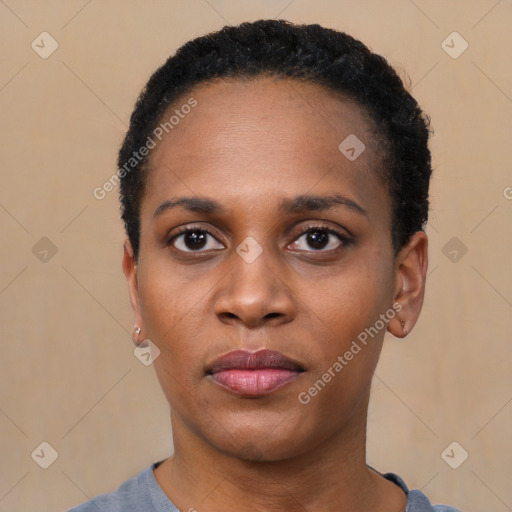 Neutral black young-adult female with short  black hair and brown eyes