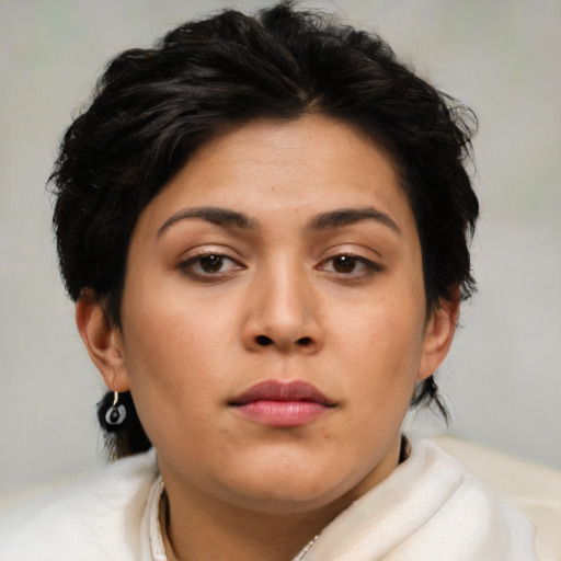 Neutral asian young-adult female with medium  brown hair and brown eyes