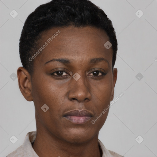 Neutral black young-adult female with short  brown hair and brown eyes