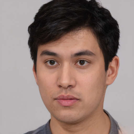 Neutral white young-adult male with short  black hair and brown eyes