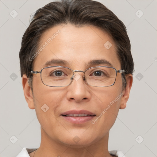 Joyful white adult female with short  brown hair and brown eyes